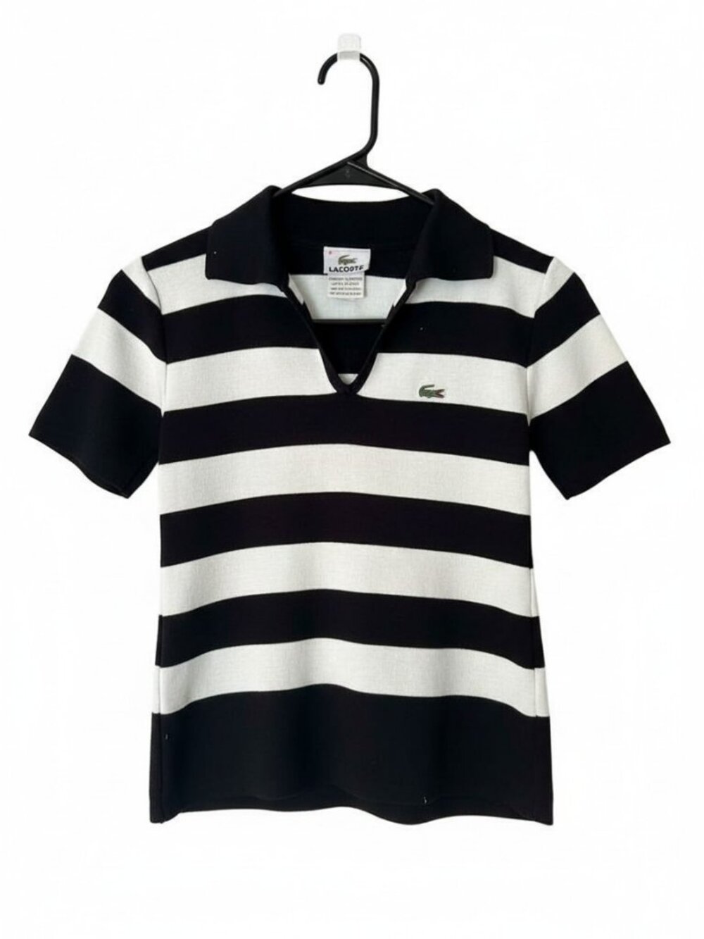 Lacoste Women’s Knit Polo Top Black White Striped Short Sleeve Size 6 - Picture 2 of 8